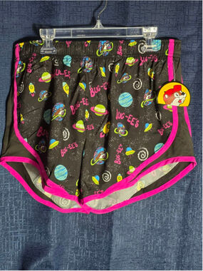 Women's Buc-ee's Athletic Shorts L Black Pink Space Print funny